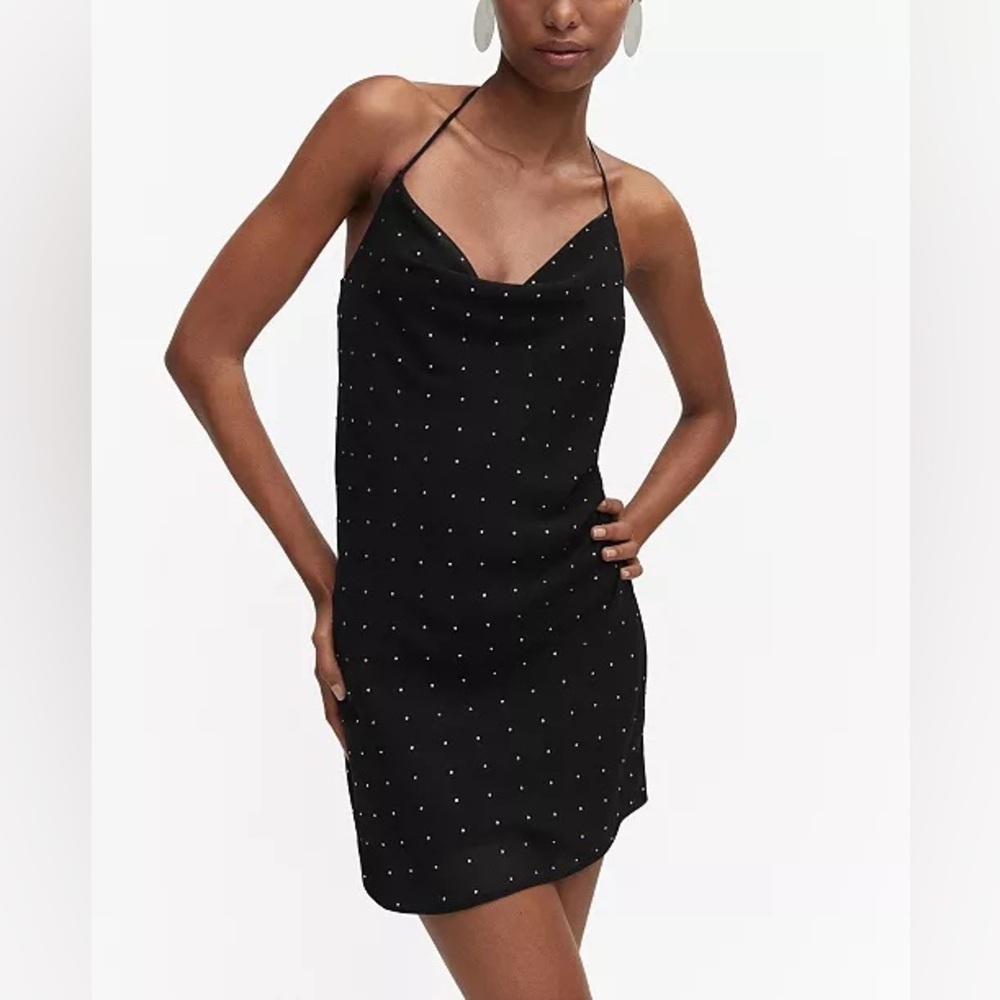 NWT MANGO Sz XL Black Rhinestones Detail Draped Neckline Halter Mini Dress